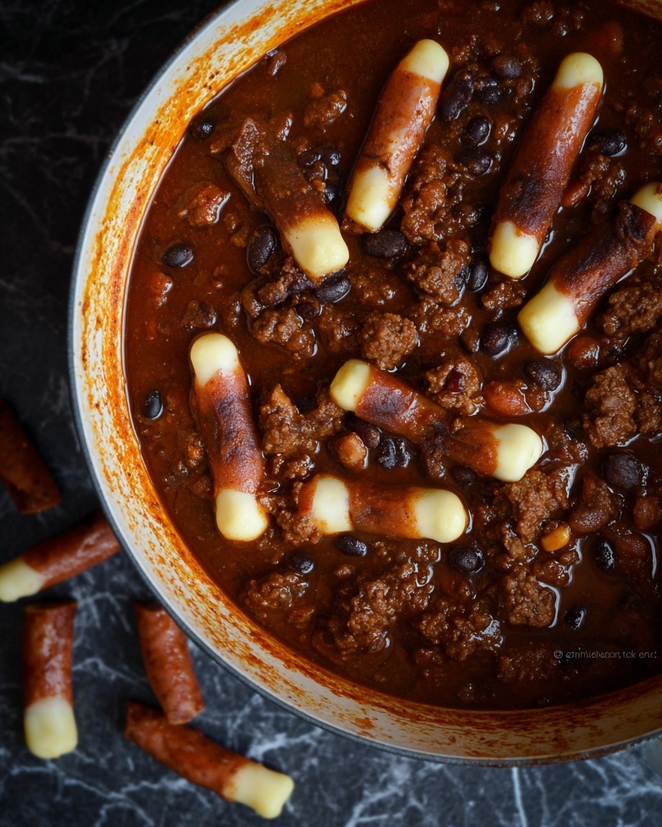 A close-up view of a white pot filled with a rich, dark brown chili made of ground meat and black beans. Floating in the chili are small, finger-shaped sausage pieces topped with flat, pale yellowish-white tips that look like nails, giving a spooky feel. There are around three dozen sausage fingers scattered inside the pot and spilling out slightly onto the dark white marbled surface around it. The pot’s inside rim is stained with chili splashes, adding to the rustic look. photo taken with an iphone --ar 4:5 --v 7