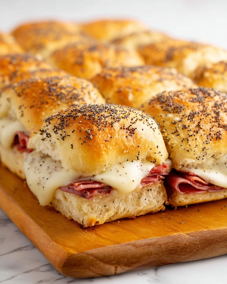 A close-up view of six connected soft golden brown sandwich rolls with poppy seeds sprinkled on top, each roll showing a light glossy texture. Between the layered buns, there is a layer of thinly sliced pink ham slightly curled at edges, topped with melted white cheese that appears smooth and creamy, oozing gently over the sides. The sandwich is placed on a light wood surface with a white marbled background. photo taken with an iphone --ar 4:5 --v 7