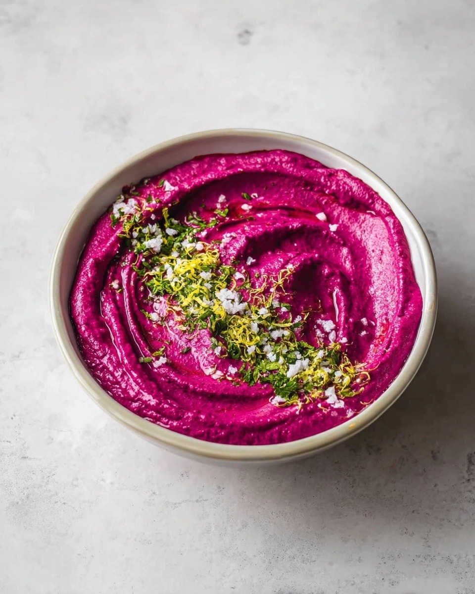 A round white bowl with a creamy bright magenta dip inside, spread smoothly with visible swirls. In the middle of the dip, there is a line of mixed green herbs, yellow zest, and coarse white salt sprinkled on top, adding texture and color contrast. The bowl sits on a white marbled surface, creating a clean and simple background. Photo taken with an iphone --ar 4:5 --v 7