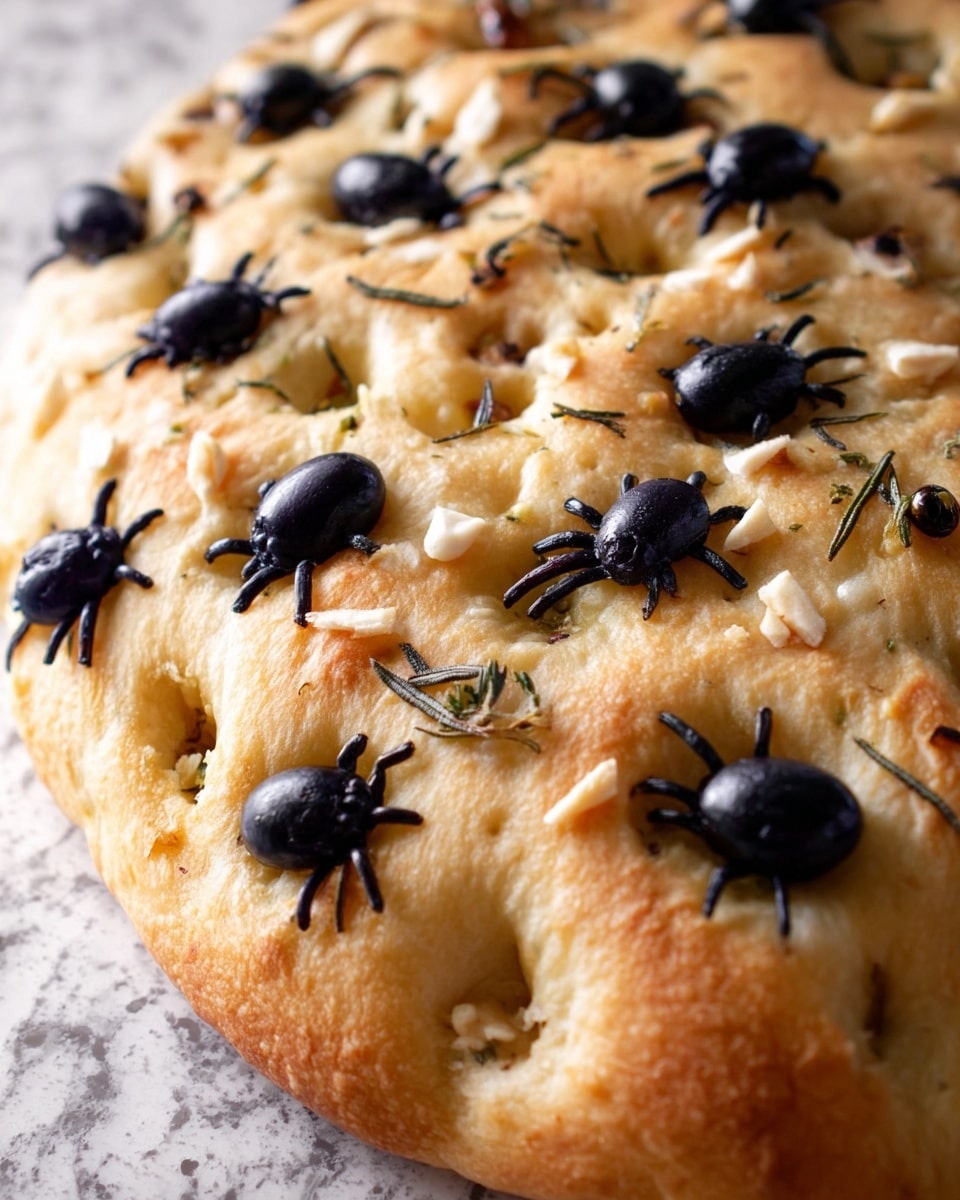 The image shows a close-up of a focaccia bread with a soft, golden surface. The bread has an uneven texture with deep dimples all over, some of which are topped with halved black olives arranged in flower shapes with whole olives in the center, creating multiple small black spider-like figures on the light brown bread. There are small pieces of white garlic and green rosemary sprinkled across the bread, adding texture and color contrast. The bread rests on a white marbled textured surface. Photo taken with an iphone --ar 4:5 --v 7