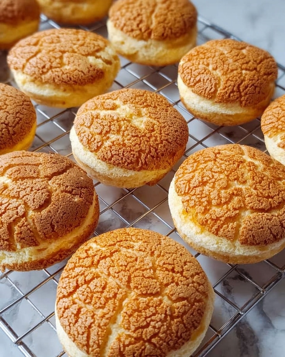 The image shows round pastries arranged on a silver wire rack over a white marbled surface. Each pastry has two layers: the bottom layer is light golden and smooth with a soft texture, while the top layer is darker golden-brown with a cracked, crumbly texture that covers the whole top surface. The pastries are evenly spaced, showing their slightly puffy shape and crispy tops. Photo taken with an iphone --ar 4:5 --v 7