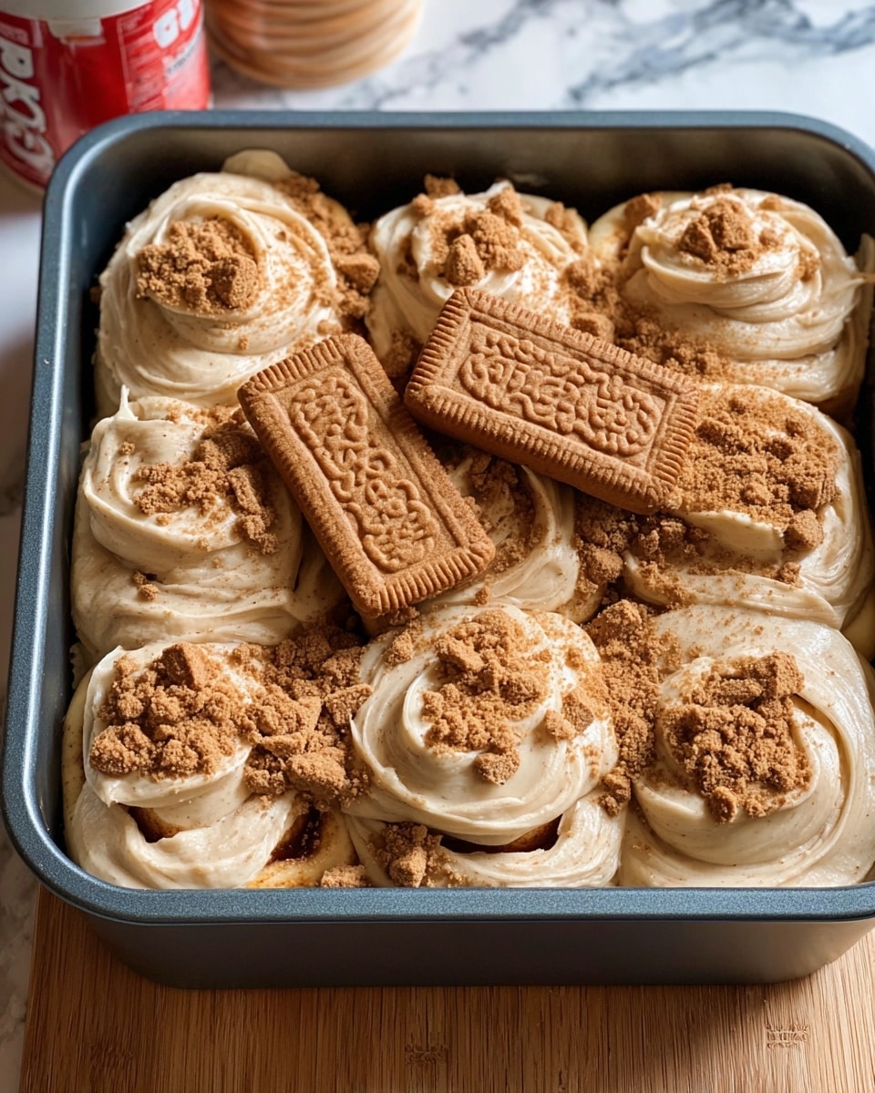 The image shows a grey baking pan filled with nine round cinnamon rolls arranged in three rows of three. Each roll is topped with a thick layer of light brown frosting that has a smooth, creamy texture with some swirls. The frosting is sprinkled lightly with crumbs of crushed brown cookies. Two whole brown rectangular cookies with detailed patterns are placed standing up in the center of the pan, adding decoration. The pan is placed on a wooden surface with a white marbled texture visible in the background. Photo taken with an iphone --ar 4:5 --v 7
