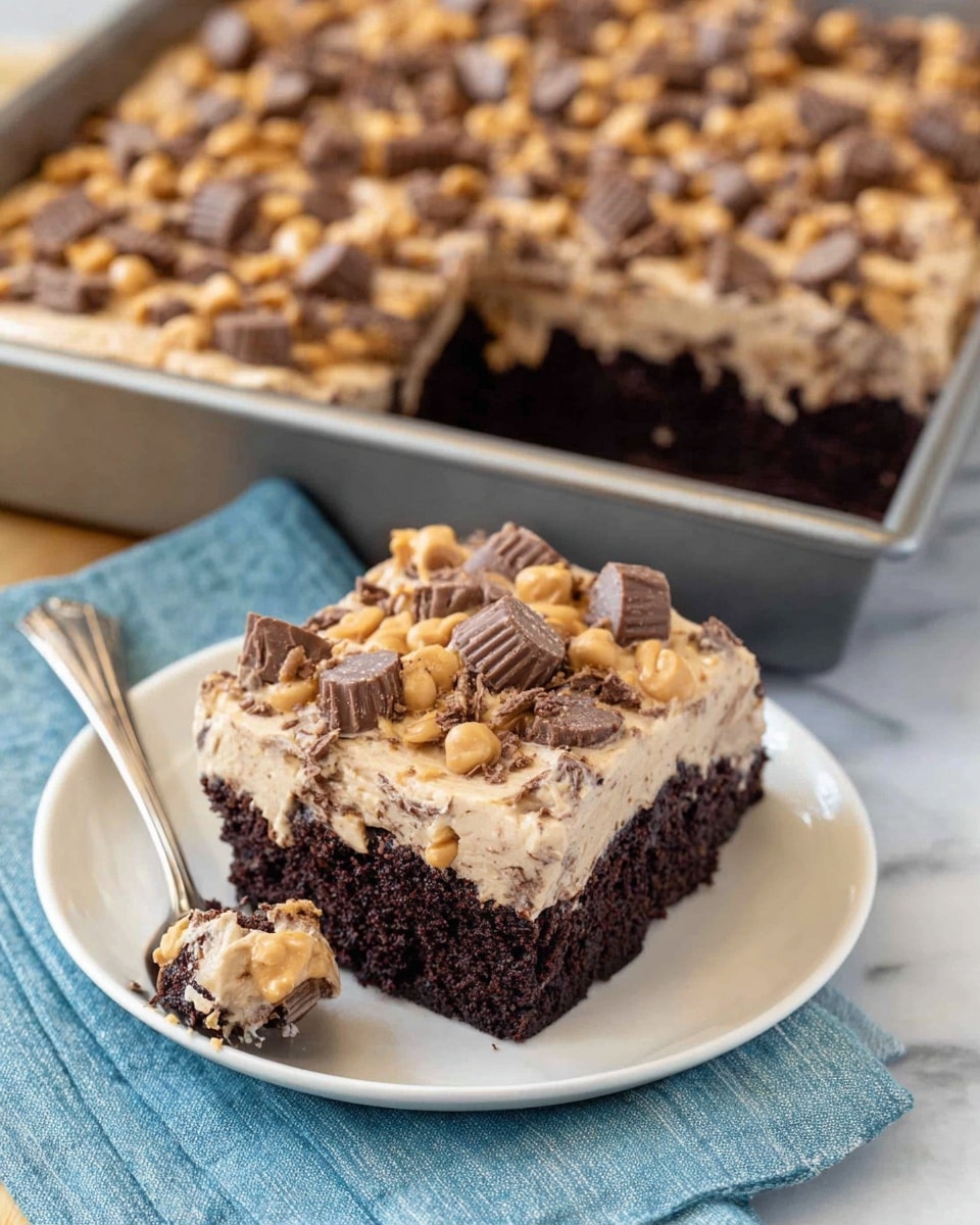 This image shows a layered dessert with two main layers on a white plate. The bottom layer is thick, dark brown, and chocolatey, looking rich and soft in texture. On top, there is a thick tan cream layer, smooth and fluffy, sprinkled with small chunks of chocolate and peanut butter pieces that add a rough texture. Next to the plate, there is a silver fork with a piece of the dessert on its tip. Behind the plate is a rectangular baking pan filled with the same layered dessert, showing the tan cream layer covered with more chocolate pieces. The setting is on a white marbled surface with a checkered blue and white cloth and a cookbook with a white cover and blue text partially visible beside the dessert. Photo taken with an iphone --ar 4:5 --v 7