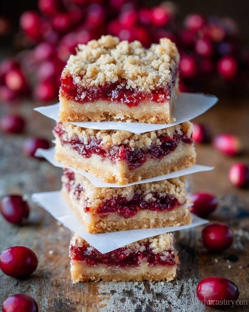 The image shows two square pieces of a crumbly dessert stacked on top of each other. Each piece has three layers: a light brown crumbly bottom crust, a bright red jam-like middle layer with small berries, and a thick, pale yellow creamy top layer covered with a golden crumb topping mixed with bits of red berries. The texture looks soft and crumbly with some crumbs falling off. The dessert is placed on a white marbled surface. Photo taken with an iphone --ar 4:5 --v 7
