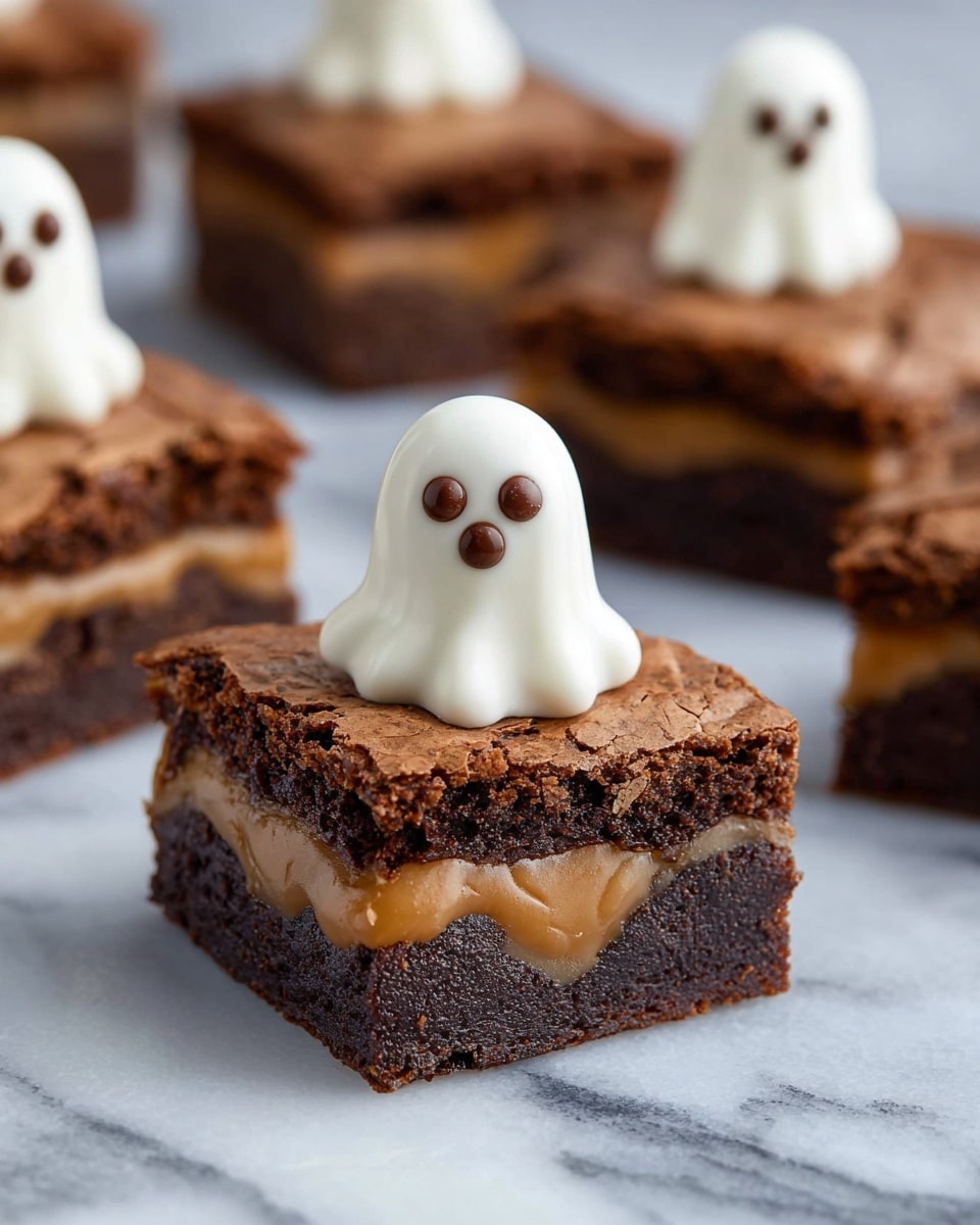 A square, dark brown brownie with a soft texture has a visible caramel layer in the middle. On top, there is a small white ghost-shaped decoration made of smooth icing or cream. A woman's hand is holding a tube of brown icing, applying two small dots on the ghost to make eyes. The brownie sits on white parchment paper, and the background is a white marbled surface. photo taken with an iphone --ar 4:5 --v 7