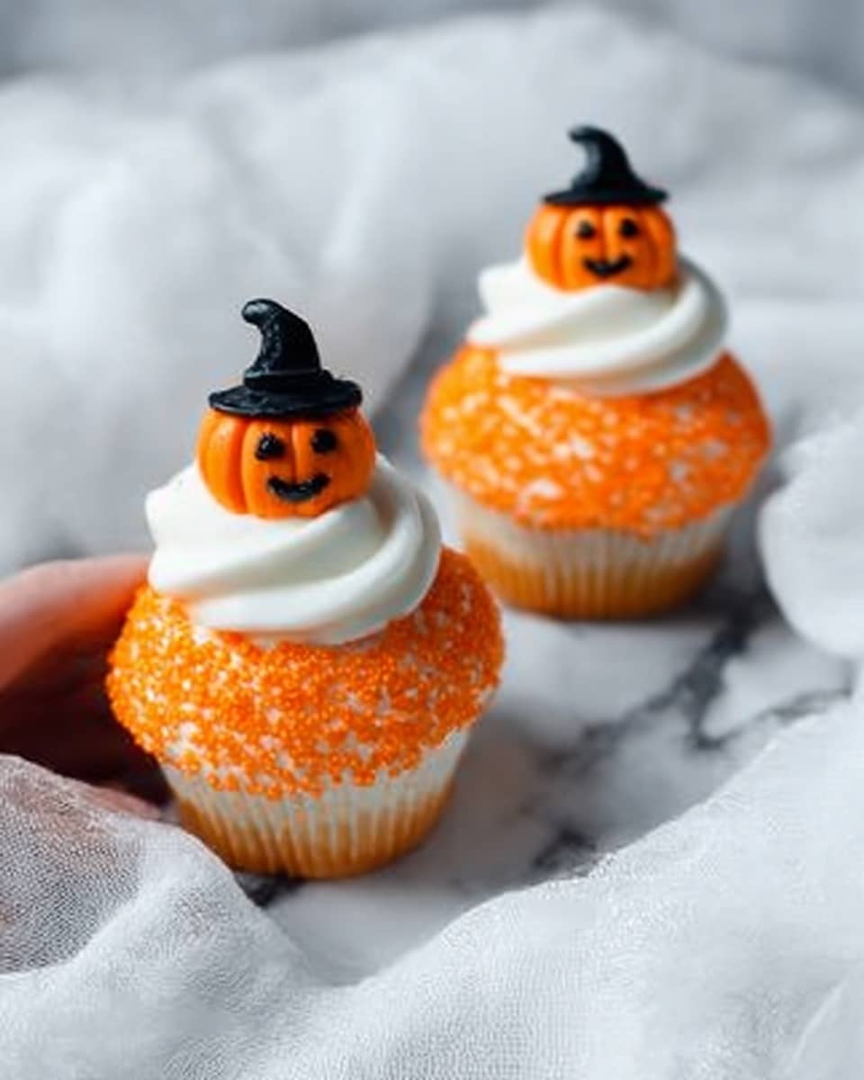 The image shows three cupcakes on a white marbled surface with a soft white cloth beside them. Each cupcake has a light yellow cake base inside a white cupcake liner. On top, there are two layers of frosting: the bottom layer is bright orange with a sugar crystal texture, and the top layer is smooth white cream shaped like a swirl. Each cupcake is decorated with a small orange pumpkin made of icing or fondant with a carved face and a small black hat on top, placed at the peak of the white frosting. Photo taken with an iphone --ar 4:5 --v 7