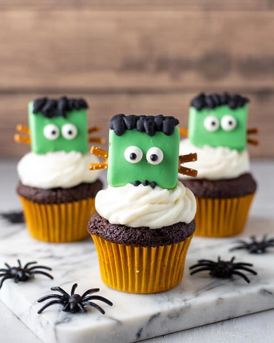 The image shows three chocolate cupcakes with yellow paper liners on a white marbled surface. Each cupcake has a thick swirl of white frosting on top. Sitting on the frosting is a green square-shaped treat decorated like a Frankenstein face, with large white candy eyes, black icing for hair and mouth, and two small pretzel sticks on the sides as ears. The background is a soft wooden tone, and small black plastic spider decorations are scattered around the cupcakes. The photo taken with an iphone --ar 4:5 --v 7
