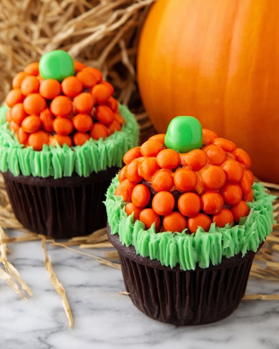 The image shows a close-up of a cupcake decorated to look like a flower. The cupcake base is dark brown, covered with bright green frosting shaped like grass, with thick, curly strands. On top of this green layer is a round cluster of smooth, bright orange-red frosting dots arranged tightly to form a flower shape. The cupcake is wrapped in a dark liner. The background is a white marbled texture. photo taken with an iphone --ar 4:5 --v 7