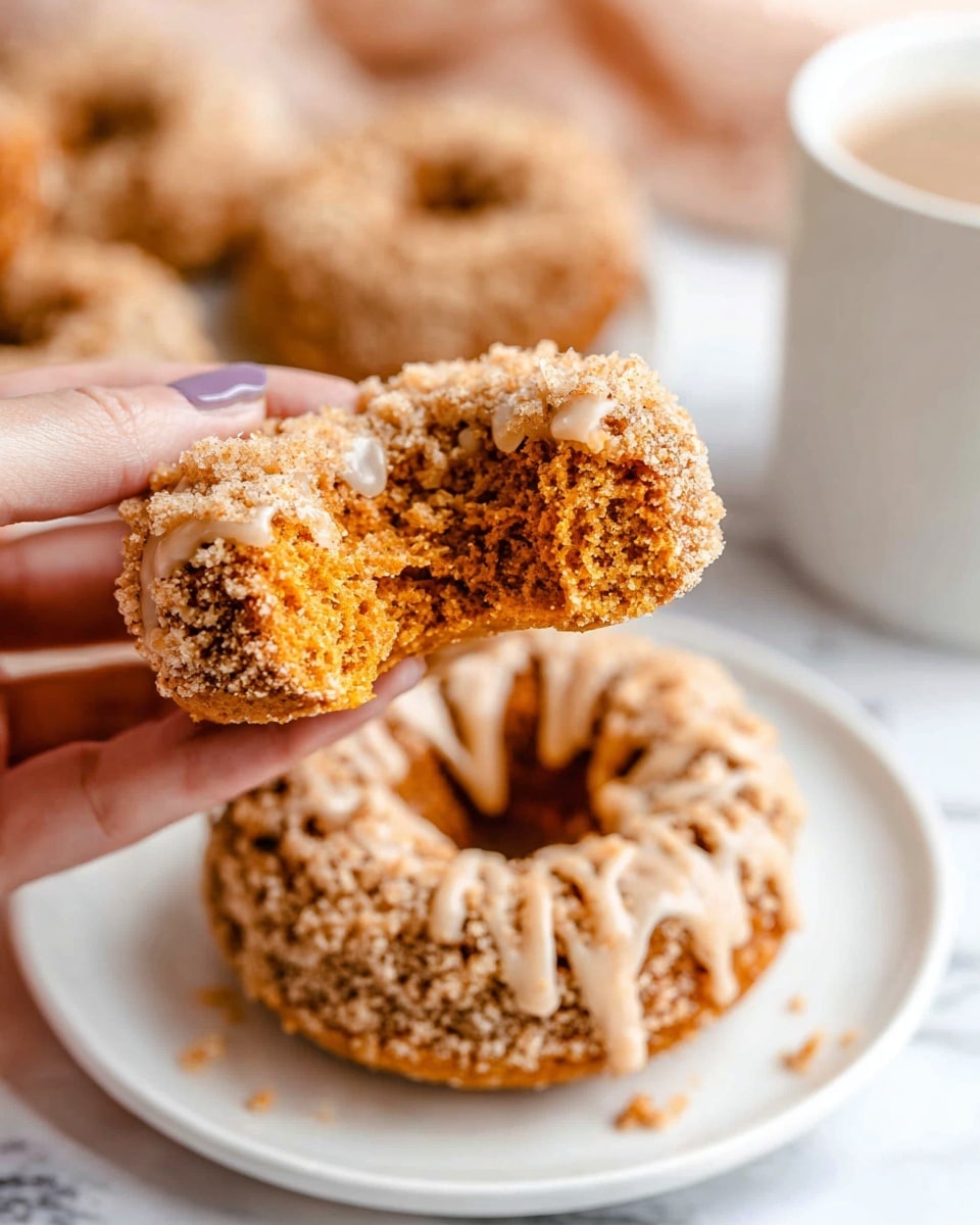 The image shows two round, textured cinnamon crumb donuts stacked on top of each other on a clean white plate. Each donut has a light brown crumbly surface with a rough texture and is drizzled with a thin layer of light icing that drips slightly down the sides. There are small crumbs scattered loosely on the plate and the white marbled surface around it. Behind the plate, there are two more white plates stacked, holding more cinnamon crumb donuts, some partially eaten, and a white bowl with more donuts stacked inside it. To the right side, there is a small brass measuring cup filled with cinnamon powder and a whole nutmeg nearby, all placed on the white marbled surface. photo taken with an iphone --ar 4:5 --v 7