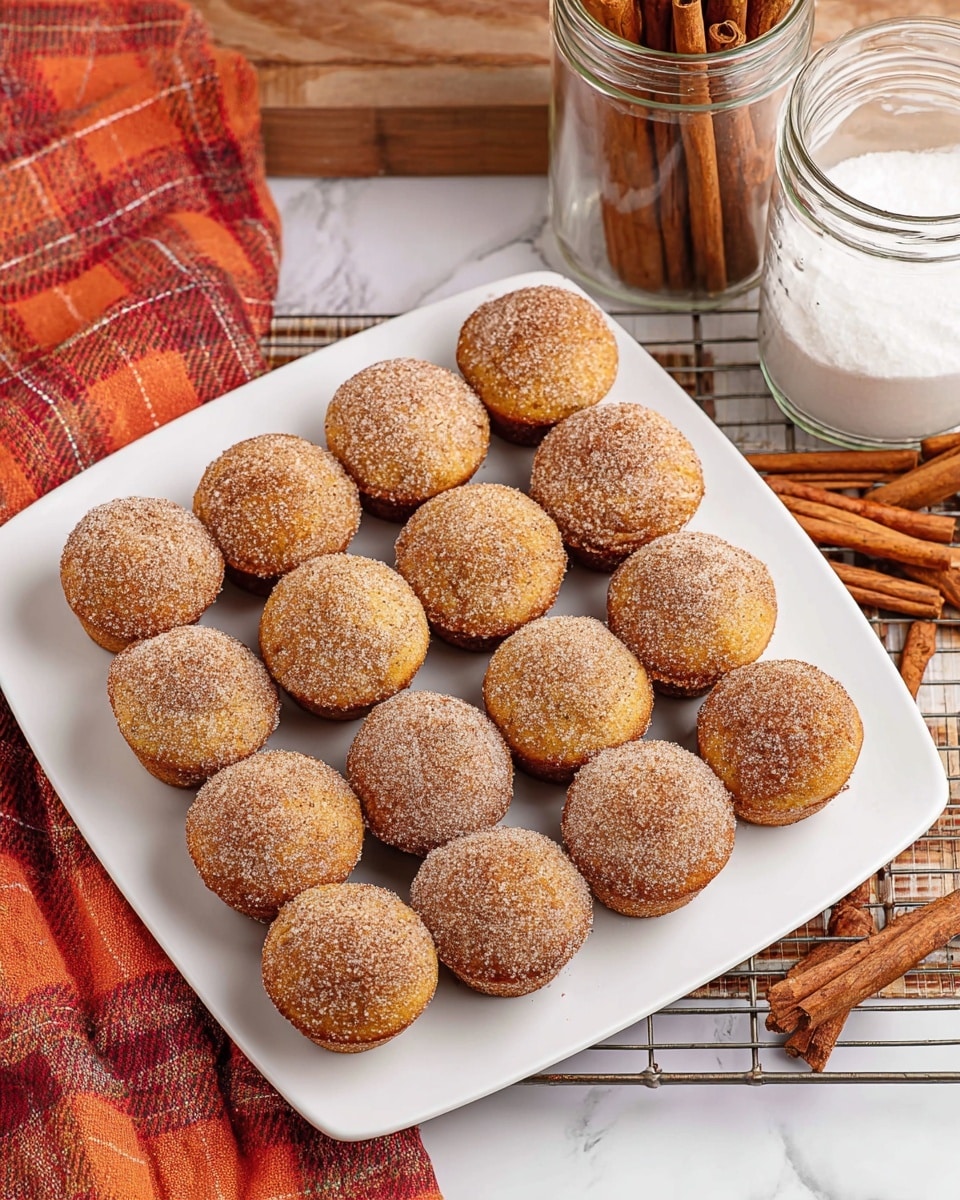 A white square plate holds 25 small round muffins arranged in a 5 by 5 grid. Each muffin is golden brown, coated with a light dusting of sugar and cinnamon that gives a fine grainy texture on top. The muffins have a slightly rough surface with gentle cracks. The plate sits on a wire rack with a wooden floor underneath, and next to it is a clear glass jar filled with cinnamon sticks on the right, and a glass jar with white sugar on the left. A red and orange plaid cloth is partially visible at the bottom left corner. The background has a clean white marbled texture. Photo taken with an iphone --ar 4:5 --v 7