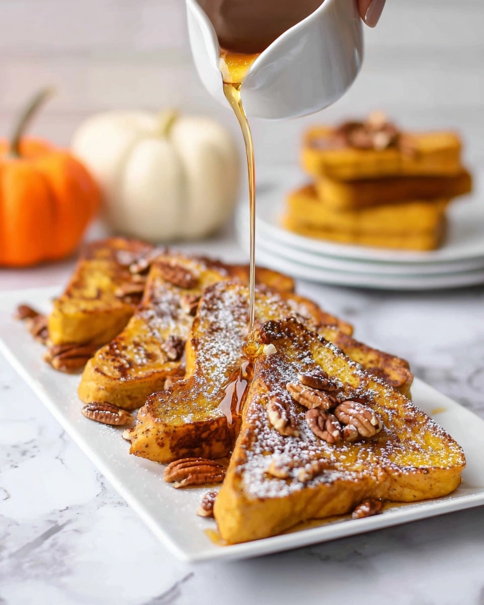 A white rectangular plate holds a layer of triangular golden-brown French toast slices arranged slightly overlapping in two rows. The toast has a light, crispy texture with some darker spots and is dusted lightly with white powdered sugar. Small pieces of chopped pecans are scattered on and around the toast, adding a rough, crunchy texture. Above the plate, a woman's hand pours a thin golden stream of syrup from a white small jug, flowing smoothly onto the toast. In the blurred background, there are soft-colored pumpkins and a small stack of more French toast slices on a white plate, all placed on a white marbled surface. photo taken with an iphone --ar 4:5 --v 7