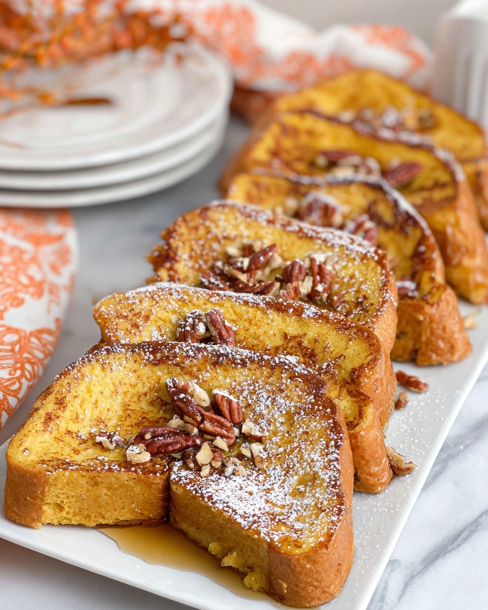 A stack of three thick slices of golden brown French toast sits on a white patterned plate, topped with small chopped pecans and a dusting of powdered sugar. A silver fork lifts a few folded layers from the top slice, showing the soft, moist texture inside. In the background, more slices of the French toast with similar toppings are arranged on a long white plate. The whole scene is set on a white marbled surface with scattered pecans around, and a blurred peach-colored pumpkin adds a soft touch to the background. photo taken with an iphone --ar 4:5 --v 7