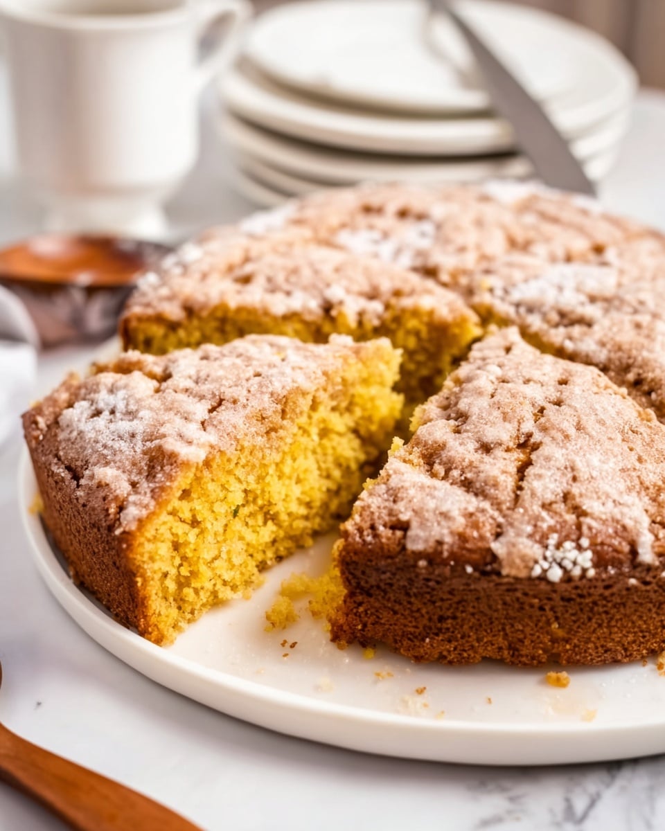 A round cake cut into eight triangular slices arranged in a circle on a white plate, the cake has a warm orange color with a moist and slightly crumbly texture. Each slice is topped with a light brown glaze that looks smooth and shiny, with bits of crumbly topping scattered mostly along the top edges. The cake layers are thick and fluffy, and the slices are placed closely so the tips meet near the center. The plate rests on a white marbled surface, with a soft focus on a bowl of small dark pieces and a silver spoon in the background. photo taken with an iphone --ar 4:5 --v 7