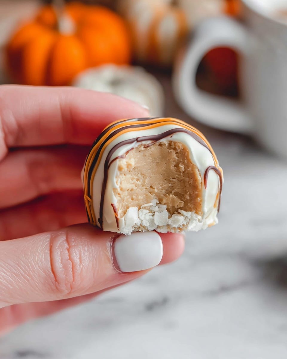 A close-up of a small round treat held by a woman's hand with clear and polished nails, showing its inside texture. The treat has two layers: the inside layer is thick and light brown, smooth and dense, while the outside is coated in a thin white layer with small white crumb pieces near the bottom edge. The top of the treat is decorated with thin orange and dark brown icing lines that drip slightly over the white coating. The background is a white marbled surface with blurred elements that include small pumpkins and a white cup. Photo taken with an iphone --ar 4:5 --v 7