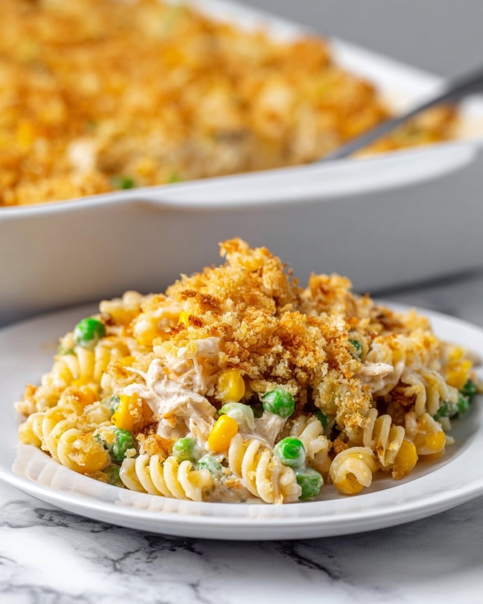 A close-up image shows a white plate with three layers of food. The bottom layer is spiral pasta in light cream color with visible peas and yellow corn mixed in. The middle layer is chunks of white meat mixed well with the pasta. On the top is a crunchy golden crumb layer covering the dish. In the background, a white baking dish holds more of the casserole, slightly blurred. The scene is set on a white marbled surface. Photo taken with an iphone --ar 4:5 --v 7