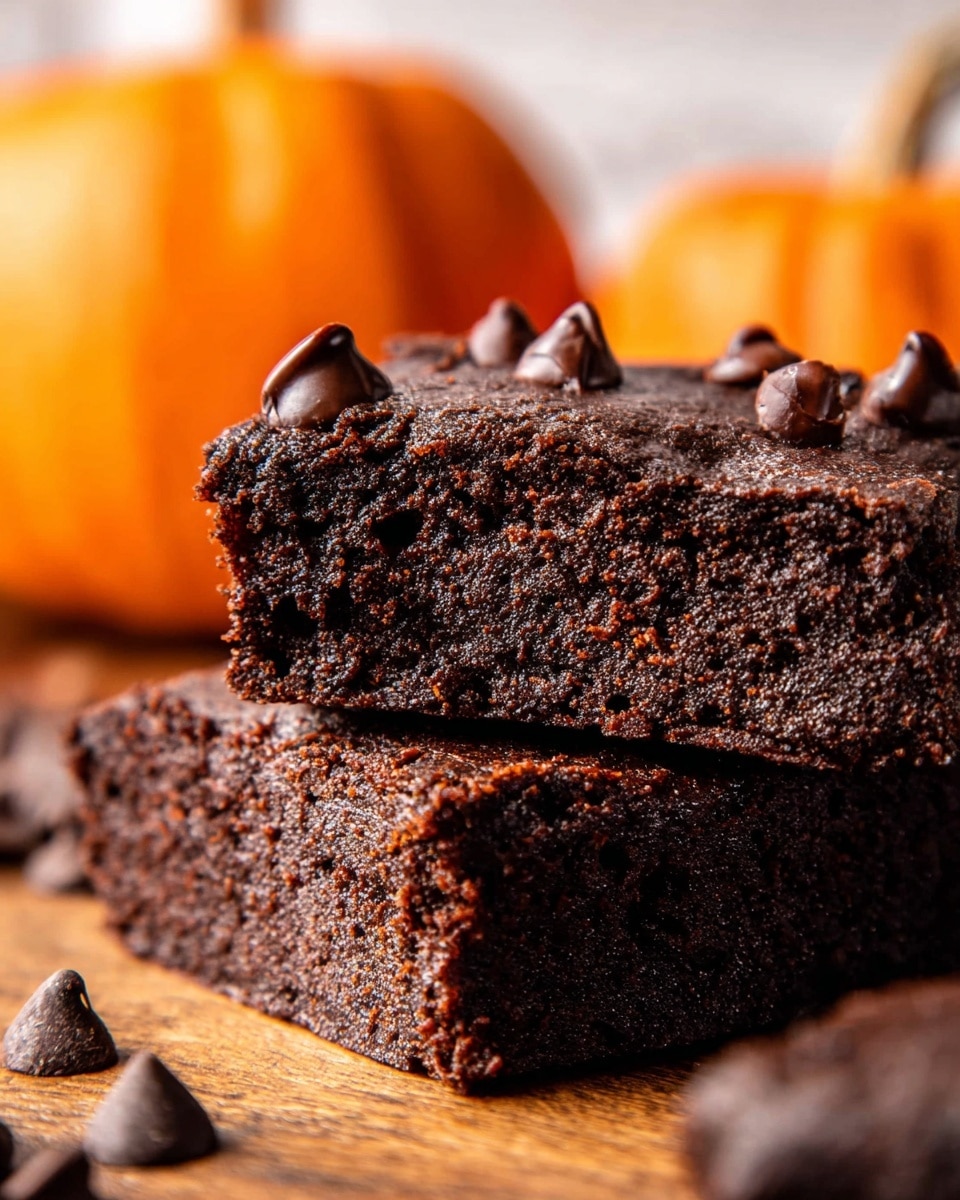 The image shows several thick, square chocolate brownies stacked neatly on a white marbled surface. The brownies have a rich, dark brown color with a dense and moist texture. Each square is topped with shiny chocolate chips that add small glossy spots on the matte surface. The top brownie is placed slightly leaning on another, showing the soft and fudgy inside. In the background, a small pumpkin is slightly out of focus, adding an autumn feel to the photo. The photo was taken with an iphone --ar 4:5 --v 7