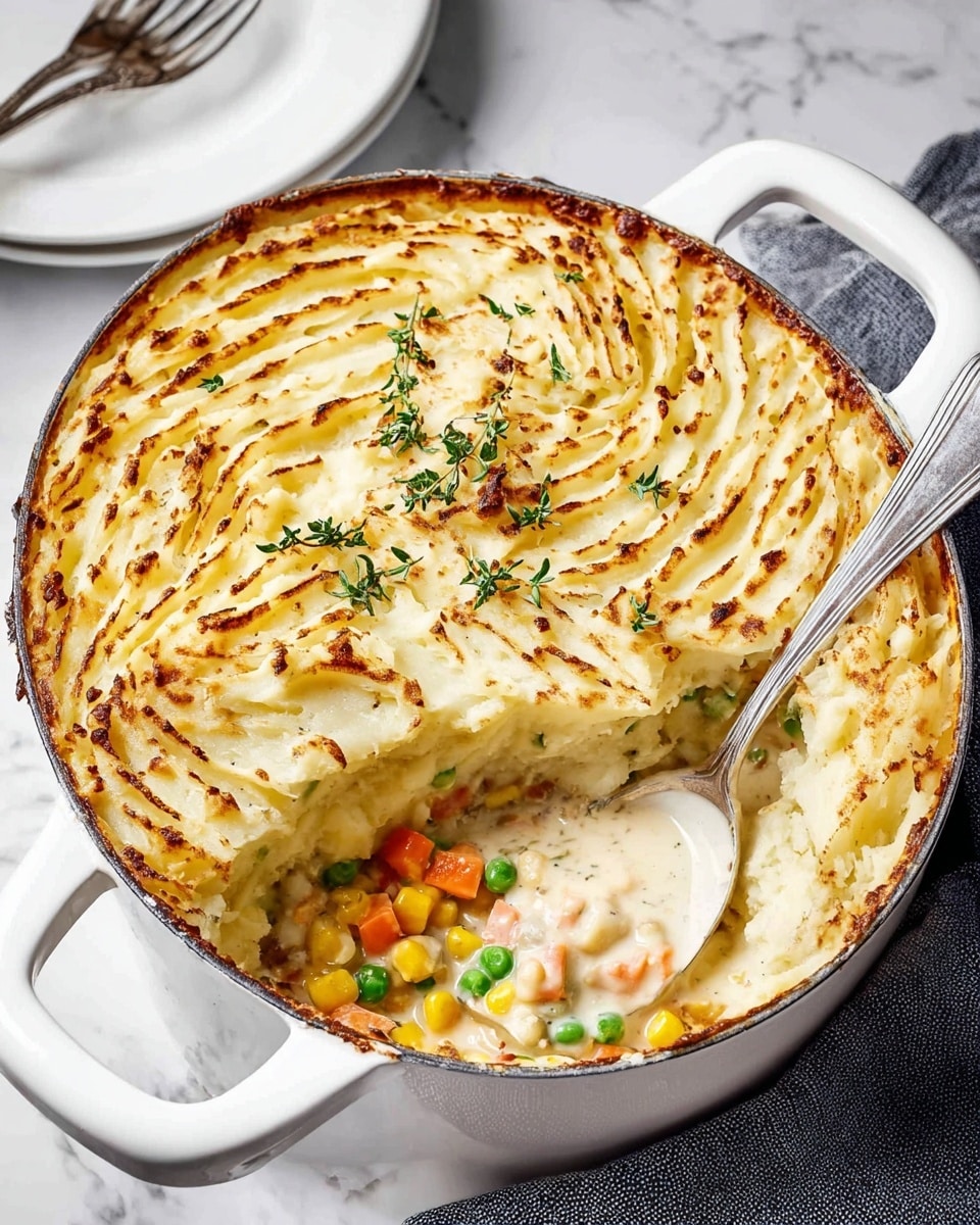 A white plate holds a serving of pie with two visible layers. The top layer is golden brown mashed potatoes, showing a ridged texture with slight charring and garnished with small sprigs of fresh thyme. The bottom layer is a creamy mix with chunks of light brown meat, bright orange carrot pieces, yellow corn kernels, and green peas, all in a thick white sauce. The plate rests on a white marbled surface. photo taken with an iphone --ar 4:5 --v 7