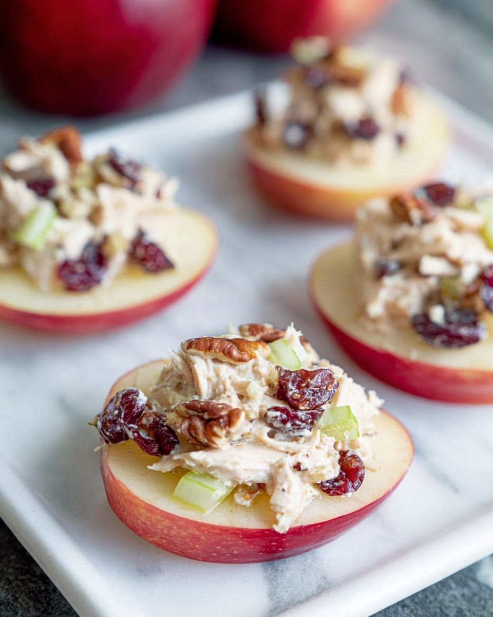 A woman's hand is holding a round apple slice with pale yellow flesh and red skin. The apple slice is topped with a creamy mixture containing small pieces of celery, red grapes, and microgreens, giving a mix of light green, cream, and dark red colors. In the background, there is a white plate with more apple slices topped with the same creamy mixture, all placed on a white marbled surface. The image has soft natural lighting and a close-up view of the apple treat. photo taken with an iphone --ar 4:5 --v 7