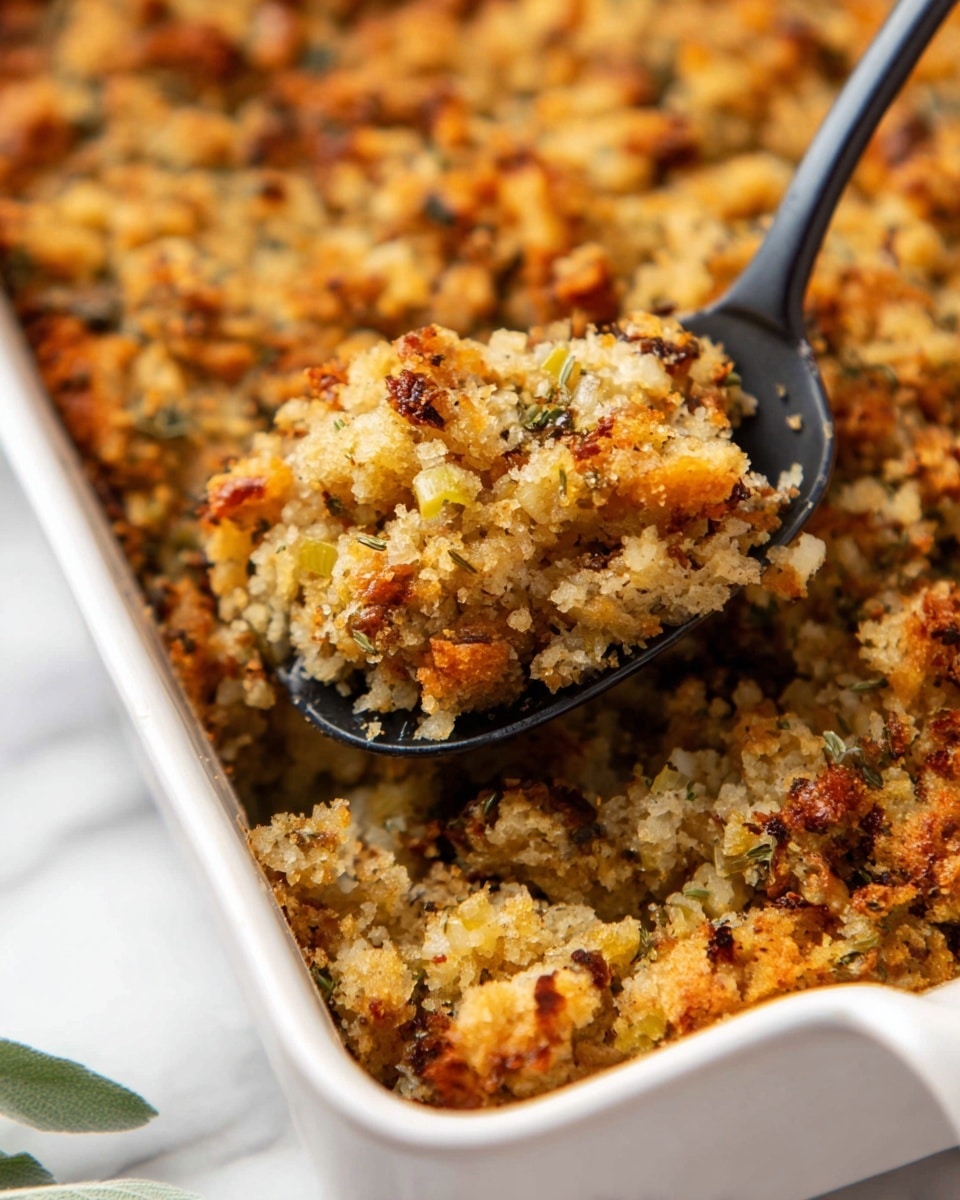 The image shows a close-up of a baked casserole with one thick, crumbly layer of golden brown stuffing that looks crispy on top and soft inside, with small bits of vegetables and herbs mixed in. A black spoon scoops a portion of the stuffing, showing its crumbly texture. The dish is in a white rectangular baking dish set on a white marbled surface. Photo taken with an iphone --ar 4:5 --v 7
