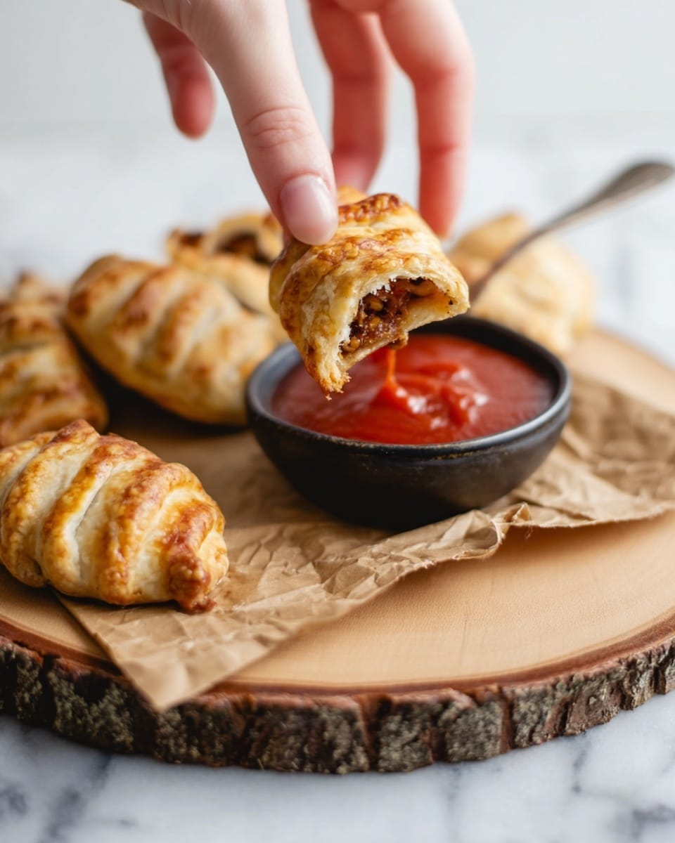 A woman's hand is dipping a small golden-brown pastry with a textured crust and visible bits of filling into a small black bowl filled with smooth red sauce. The pastries are placed on a round wooden board with visible tree rings and bark edge, with a piece of brown parchment paper under some of the pastries. The background is a white marbled surface, softly out of focus. photo taken with an iphone --ar 4:5 --v 7