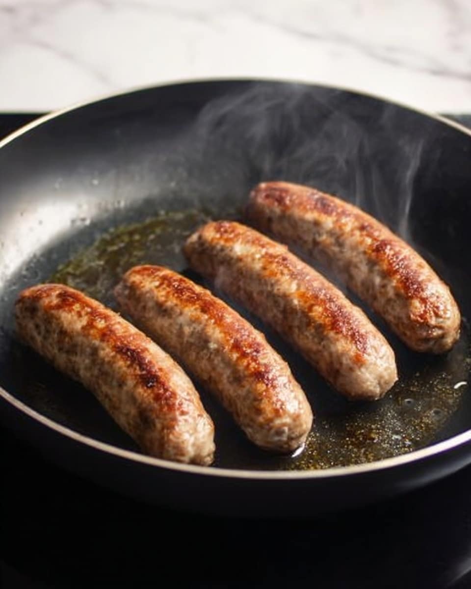The image shows four browned sausage-shaped pieces cooking in a black frying pan, with light steam rising from them. The pan has a smooth, shiny surface with a bit of oil around the sausages. The background is a white marbled texture, adding a clean and bright look to the scene. Photo taken with an iphone --ar 4:5 --v 7