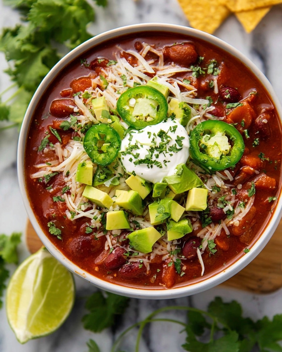 A white bowl filled with a rich, thick red chili base containing beans and small vegetable pieces as the first layer. On top is a layer of shredded white cheese scattered evenly. Over the cheese is a dollop of white sour cream placed in the center, surrounded by bright green chunks of avocado and slices of fresh green jalapeño peppers. The chili and toppings sit on a white marbled surface with a wooden board under the bowl. In the background, a second similar bowl and some yellow tortilla chips are visible, along with a green lime close to the main bowl. Photo taken with an iphone --ar 4:5 --v 7