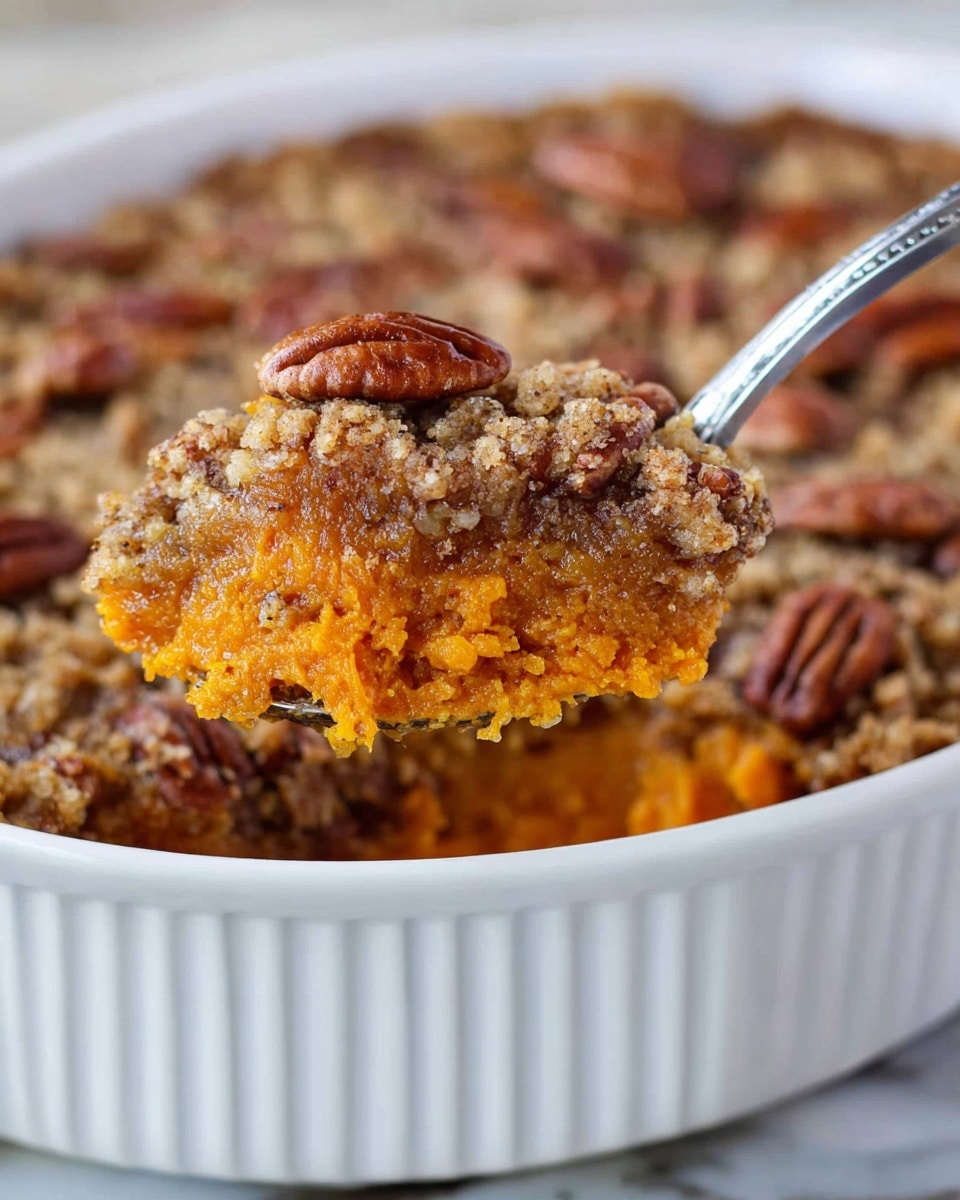 A bowl filled with two layers: the bottom layer is smooth, bright orange mashed sweet potatoes, and the top layer is a crumbly golden brown topping with pieces of nuts mixed in. A silver fork rests inside the bowl on the right side. Behind the bowl, there is a white baking dish filled with the same dish, showing the rough crumb topping. To the left of the bowl is a small portion of the crumb topping in a fluted container. The setting is on a white marbled surface with a striped cloth napkin beside the bowl. A bottle filled with milk is also partially visible at the back. photo taken with an iphone --ar 4:5 --v 7