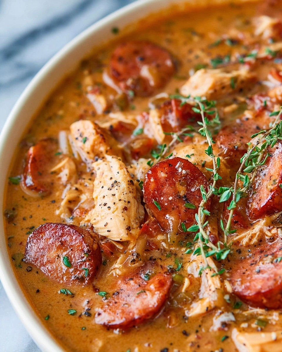 The image shows a close-up of a rich dish in a white bowl with a thick orange-brown sauce filled with pieces of sliced sausage that are reddish with a slight char and tender shredded chicken in light beige strips. The sauce is creamy and speckled with black pepper, and fresh small green thyme sprigs are scattered on top, adding a touch of color. The background has a white marbled texture. photo taken with an iphone --ar 4:5 --v 7