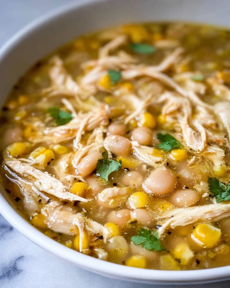 This image shows a close-up of a soup with three main layers: shredded light beige chicken pieces, small off-white beans, and yellow corn kernels, all floating in a clear light broth with visible small black pepper flakes. There are a few small green cilantro leaves scattered unevenly on top, adding a fresh touch. The broth has a slightly oily sheen, giving it a smooth texture. The bowl is white and the background is a white marbled surface. Photo taken with an iphone --ar 4:5 --v 7