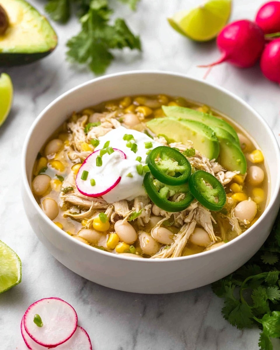 A white bowl filled with soup that has three clear layers: shredded light beige chicken pieces, yellow corn kernels, and pale white beans all mixed in a light broth. On top, there is a dollop of white sour cream, bright green slices of jalapeno, round slices of pink and white radish, a sprig of green cilantro, and small chopped green onion pieces. Around the bowl, there are lime wedges and green cilantro leaves scattered on a white marbled surface. photo taken with an iphone --ar 4:5 --v 7