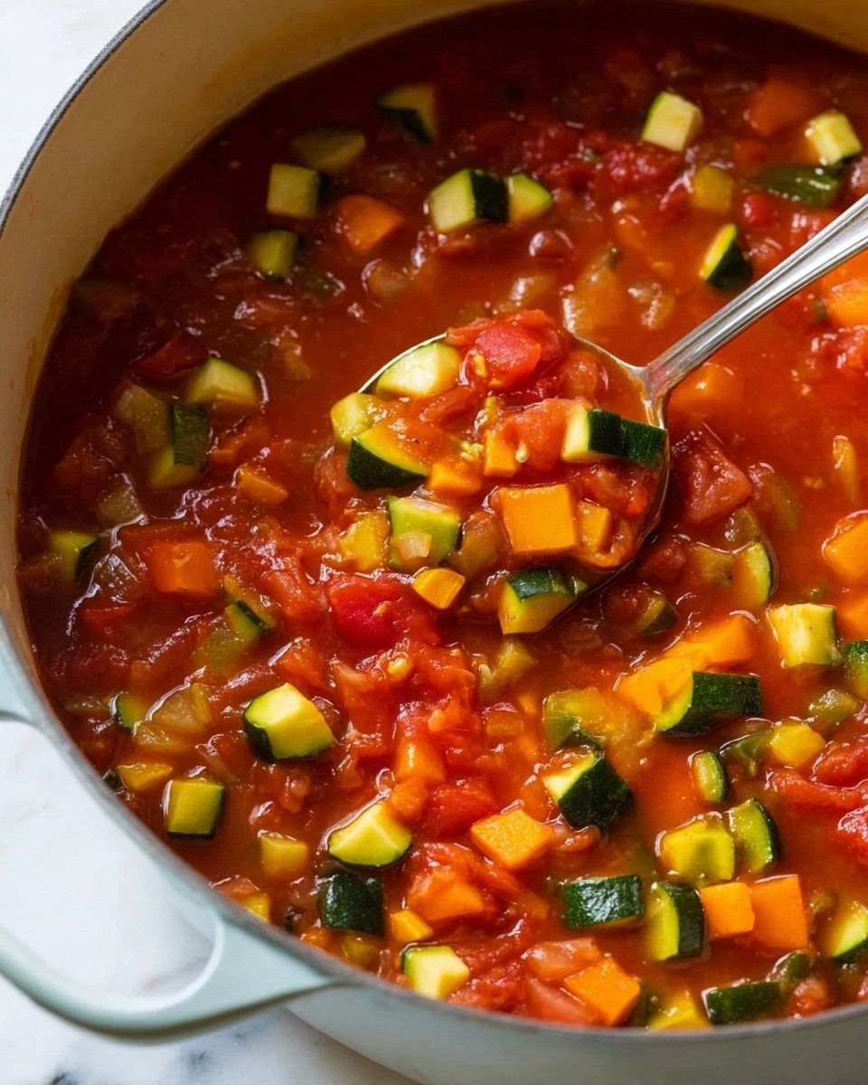 A close-up of a pot full of chunky vegetable stew with visible layers of bright red tomato pieces mixed with small cubes of green zucchini, yellow squash, and orange carrots in a thick red sauce. The vegetables float evenly throughout the stew, creating a colorful mix of red, green, yellow, and orange. A silver spoon is dipped into the stew on the right side of the pot, scooping some of the vegetables and sauce. The pot itself has a light interior and is set against a white marbled surface, showing a homey cooking scene. photo taken with an iphone --ar 4:5 --v 7