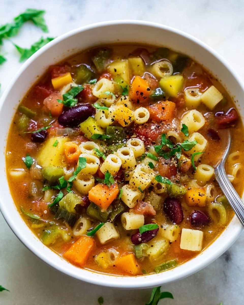 The image shows a close-up of a white pot filled with a colorful vegetable soup. The soup has many layers of diced orange carrots, green beans, yellow potatoes, light green celery, and red kidney beans, all floating in a rich, brownish-red broth. Small pasta tubes are scattered evenly throughout the soup. Fresh green parsley pieces are sprinkled on top, adding brightness. A silver ladle rests inside the soup, partially submerged, showing the thick texture. The pot is set on a white marbled surface with a blue cloth partially visible under the pot. Photo taken with an iphone --ar 4:5 --v 7