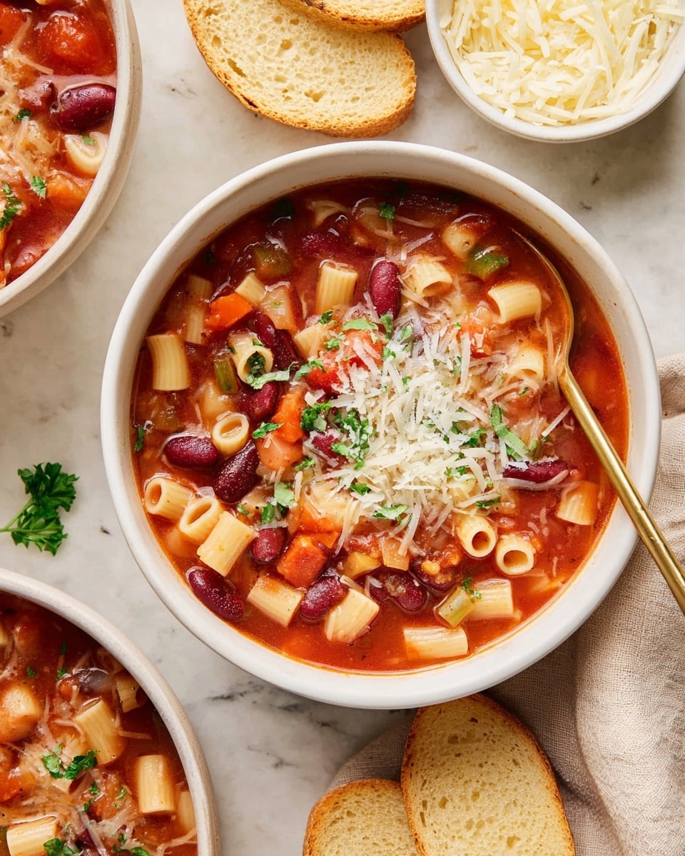 A large white pot filled with a chunky tomato-based soup showing three main layers: the bright red tomato broth as the base, layered with diced orange carrots and white beans scattered throughout, and dark red kidney beans adding contrast on top, along with green celery bits. A wooden spoon stirs the soup, with a sprig of rosemary and a bay leaf resting in the middle layer, adding texture and color variety. Fresh green parsley lies beside the pot, all set on a soft white cloth over a white marbled surface. Photo taken with an iphone --ar 4:5 --v 7