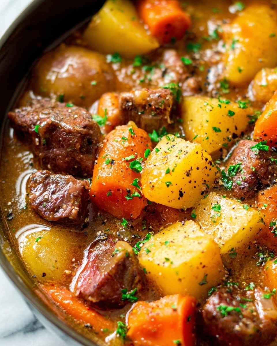 This close-up image shows a thick stew with three main layers of ingredients. The bottom layer is a golden broth that looks thick and shiny, filling the base of the dish. On top of this, there are chunks of tender meat in a deep brown color, soft orange carrot pieces, and pale yellow potato cubes—all coated with the broth. The whole stew is sprinkled with small green parsley leaves and tiny black pepper bits, adding bright spots of color and texture. The background is a white marbled surface, and the overall look is warm and hearty, with a focus on the rich texture of the stew. photo taken with an iphone --ar 4:5 --v 7