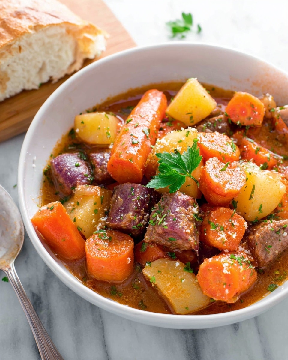 A white bowl filled with a hearty dish showing three main layers: large chunks of bright orange carrots with a smooth, glossy texture on top, mixed with tender, browned pieces of meat with a slightly rough surface, and scattered small pieces of golden yellow potatoes with some skin showing underneath. The dish is sprinkled with finely chopped green herbs and black pepper flakes, giving it a speckled appearance. Small sprigs of fresh parsley rest on top for decoration. The food is coated in a light brown sauce that adds a shiny glaze, all presented on a white marbled surface. photo taken with an iphone --ar 4:5 --v 7