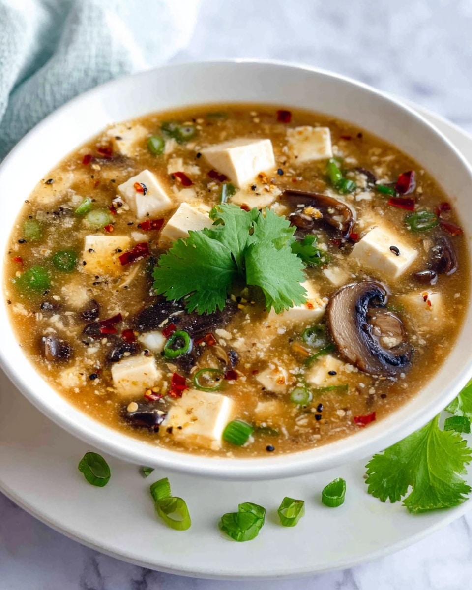 A close-up view of a thick light brown soup filled with sliced mushrooms, small white tofu cubes, and bits of meat. The soup is topped with bright green chopped scallions and fresh cilantro leaves scattered on the surface. Small red oil droplets float lightly on top. A large silver spoon holds a portion of the soup, showing a mix of mushrooms, tofu, meat, and herbs clearly. The background is a white marbled texture. photo taken with an iphone --ar 4:5 --v 7