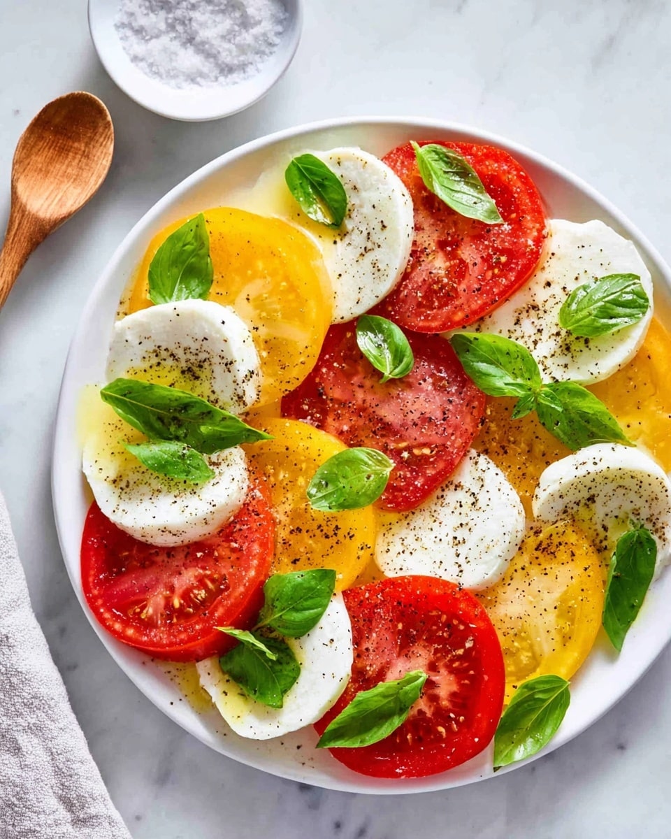 A white plate holds a colorful arrangement of sliced red and yellow tomatoes in two layers, alternating with round white slices of mozzarella cheese. Fresh green basil leaves are placed on top and between the tomato and cheese slices. The cheese is lightly sprinkled with black pepper and drizzled with olive oil, giving it a shiny texture. The plate sits on a white marbled surface with a small white bowl containing coarse salt and a wooden spoon nearby. Photo taken with an iphone --ar 4:5 --v 7