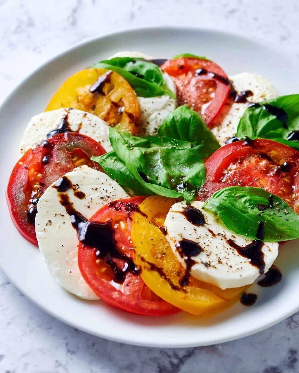 A white plate holds three large round slices of tomato in red, orange, and yellow hues, each showing a juicy texture and sprinkled with black pepper. Between these tomato slices are soft white oval pieces of mozzarella cheese, offering a smooth, creamy look. Bright green basil leaves are placed on and around the cheese and tomatoes, adding fresh color. Above the plate, a spoon drizzles thick dark balsamic sauce over a piece of mozzarella, creating a shiny contrast. The plate rests on a white marbled surface with a soft gray cloth beside it. photo taken with an iphone --ar 4:5 --v 7