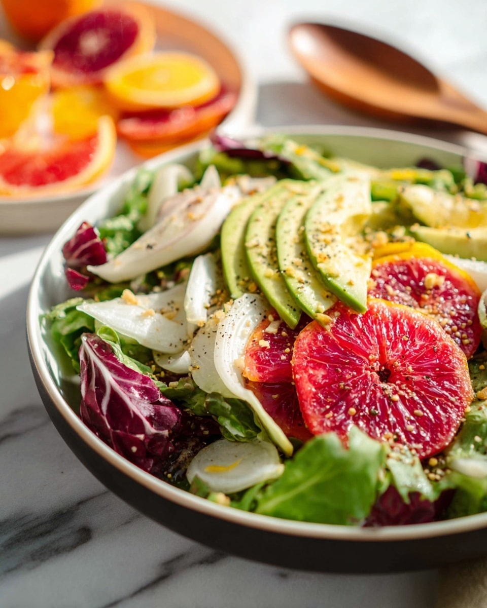 A close-up view of a salad in a white bowl shows three main layers: at the base, there is a mix of green and purple leafy greens; above them, several thin white fennel slices with light green edges are spread out; on top, there are bright red blood orange slices and pale yellow orange wedges, with light green avocado slices fanned out along the side, sprinkled lightly with small crunchy bits and black pepper. The bowl sits on a white marbled surface with cut blood oranges and a wooden spoon blurred in the background, bright natural lighting highlights the fresh, colorful textures. Photo taken with an iphone --ar 4:5 --v 7
