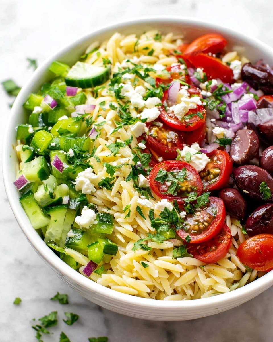 The image shows a close-up of a pasta salad with three main layers. The base layer is light yellow orzo pasta, soft and slightly shiny. On top are slices of green cucumber with dark green edges, halved red cherry tomatoes, and round black olive pieces. Scattered among these are small white chunks of cheese and bits of fresh green herbs sprinkled all over. The texture mixes soft pasta with the crispness of vegetables, and a wooden spoon is partly visible on the right side. The salad is on a surface with a white marbled texture photo taken with an iphone --ar 4:5 --v 7