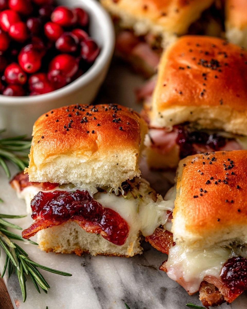 A close-up view of eight small soft sandwich sliders arranged in three rows on brown parchment paper over a white marbled surface. Each slider has a golden-brown top bun sprinkled with coarse black pepper. Inside, layers of melted white cheese and cranberry sauce are visible, oozing out slightly from the sides. The sliders’ bottoms are lightly toasted. In the bottom left corner, there is a white bowl filled with fresh, shiny red cranberries, and a few green rosemary sprigs are placed casually around the sliders and bowl, adding a fresh touch. The scene is warmly lit, highlighting the soft texture of the buns and the vibrant red and white layers inside, photo taken with an iphone --ar 4:5 --v 7