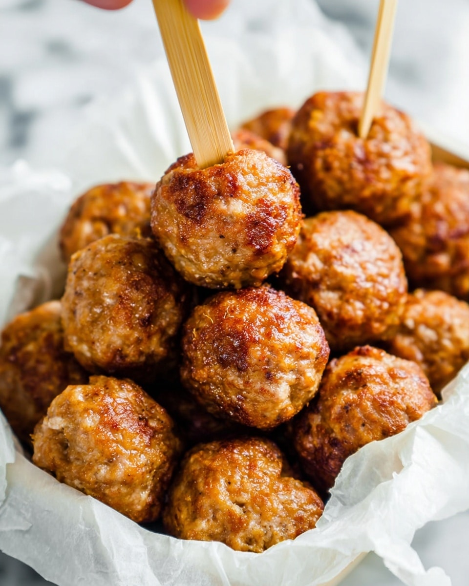 A white container lined with white parchment paper holds about 20 golden brown meatballs, each with a slightly shiny, crispy surface showing some texture from cooking. The meatballs are stacked in two layers, filling the container loosely with some visible gaps. Behind them, a bundle of light wooden skewers leans diagonally to the top left, adding contrast to the rich brown meatballs. The whole scene is set on a white marbled surface that softly reflects light, giving a clean and fresh look. photo taken with an iphone --ar 4:5 --v 7