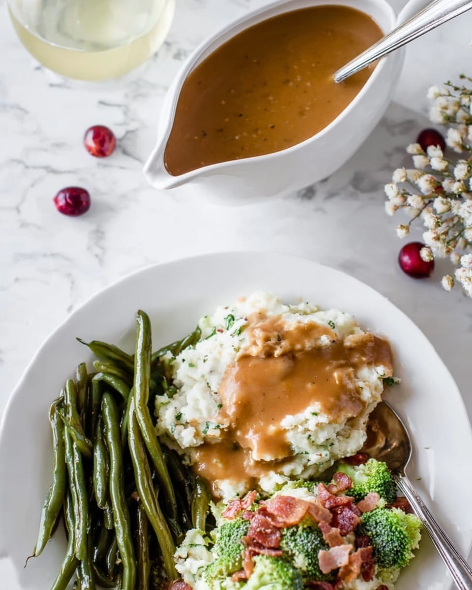 The image shows a white plate with three layers of food: on the left are dark green cooked green beans, in the middle is a mound of creamy, white mashed potatoes with some green herbs mixed in, topped with a pool of brown gravy pouring over part of the mashed potatoes, and on the right is a broccoli salad layered with small pieces of bacon and a light creamy dressing with bits of red onion mixed in. Above the plate is a white gravy boat filled with thick brown gravy, with a silver spoon resting inside. The background has a white marbled texture with some small red cranberries and tiny white flowers scattered around. There is also a glass filled with a light yellow drink in the upper left corner of the image photo taken with an iphone --ar 4:5 --v 7