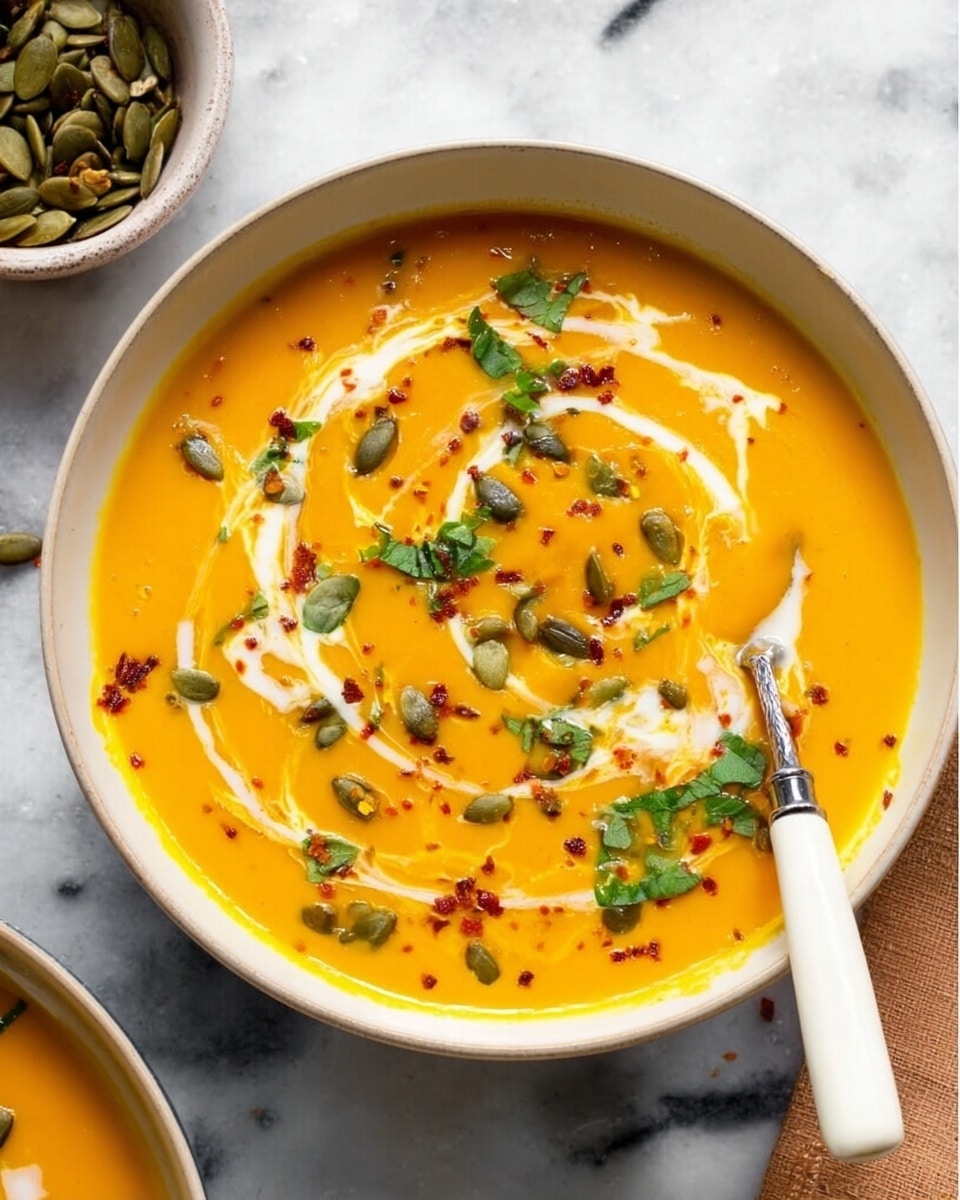 A white bowl filled with thick, bright orange pumpkin soup is shown, with a creamy white swirl pattern on top. There are small green pumpkin seeds and bits of red seasoning scattered over the surface, along with fresh green herb leaves. A spoon with a white handle is placed partly in the soup on the right side of the bowl. The bowl sits on a white marbled surface, and a small white bowl filled with more pumpkin seeds is partly visible in the top left corner. photo taken with an iphone --ar 4:5 --v 7
