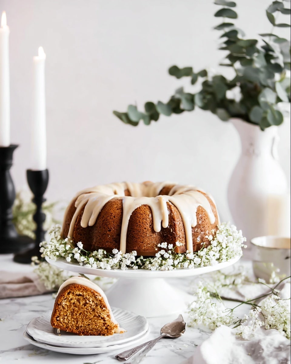 A sliced bundt cake with a smooth light brown texture and a glossy pale icing dripping down its sides is displayed on a white cake stand. One slice is placed on a small white plate in front, showing the cake's moist interior with a slightly darker line in the middle. Small white flowers with thin green stems are scattered around the cake stand and plate, adding a delicate touch. The setting has a white marbled background with a white mug and some blurred greenery behind. Photo taken with an iphone --ar 4:5 --v 7