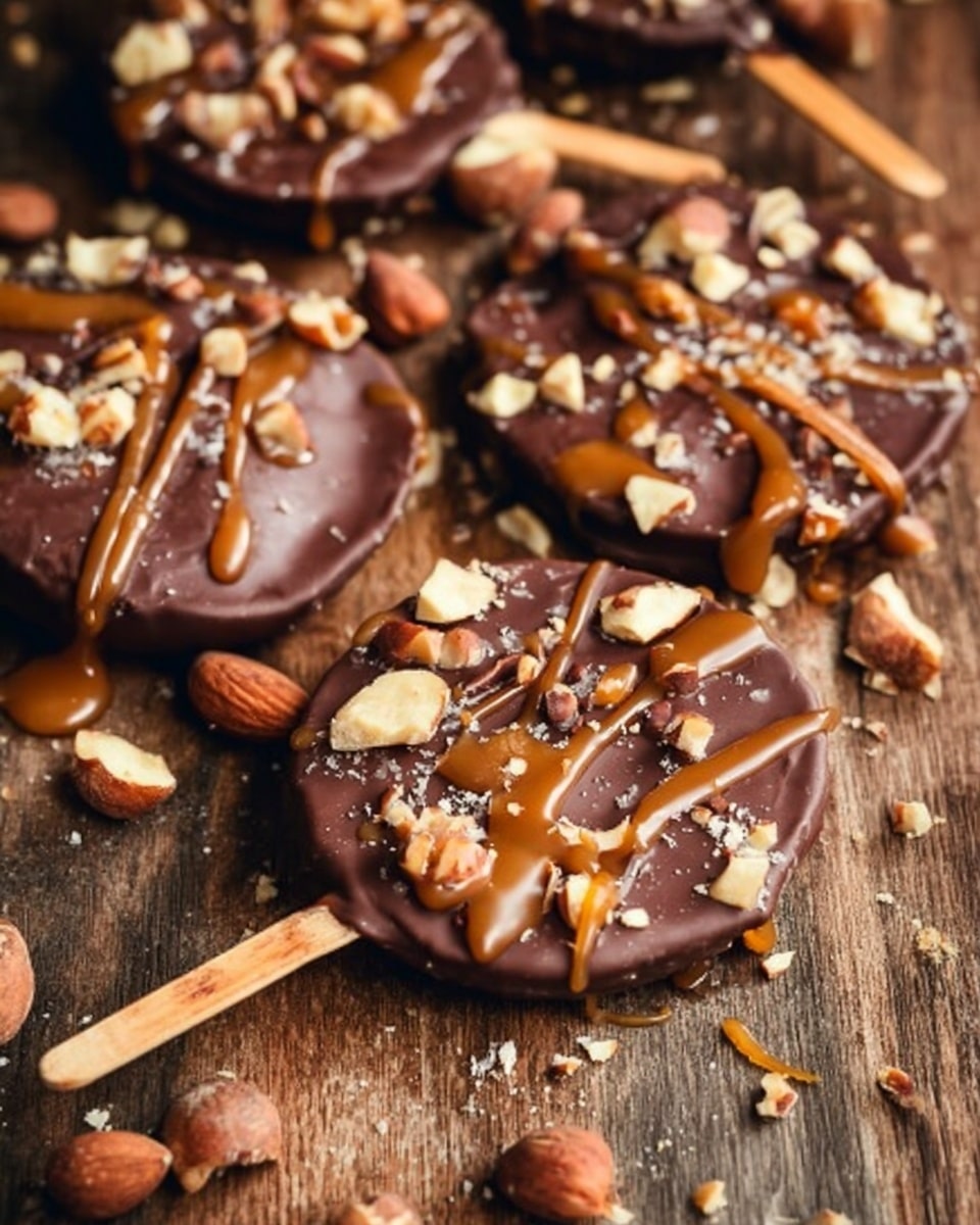 The image shows several round chocolate disks topped with pieces of nuts and drizzled with caramel sauce. Each disk is dark brown and shiny, with uneven nut pieces scattered all over the surface giving a crunchy texture. One of the disks has a wooden stick inserted in the center, making it look like a chocolate lollipop. The surface under the chocolates is a rustic wooden texture with some loose nut pieces scattered around. photo taken with an iphone --ar 4:5 --v 7