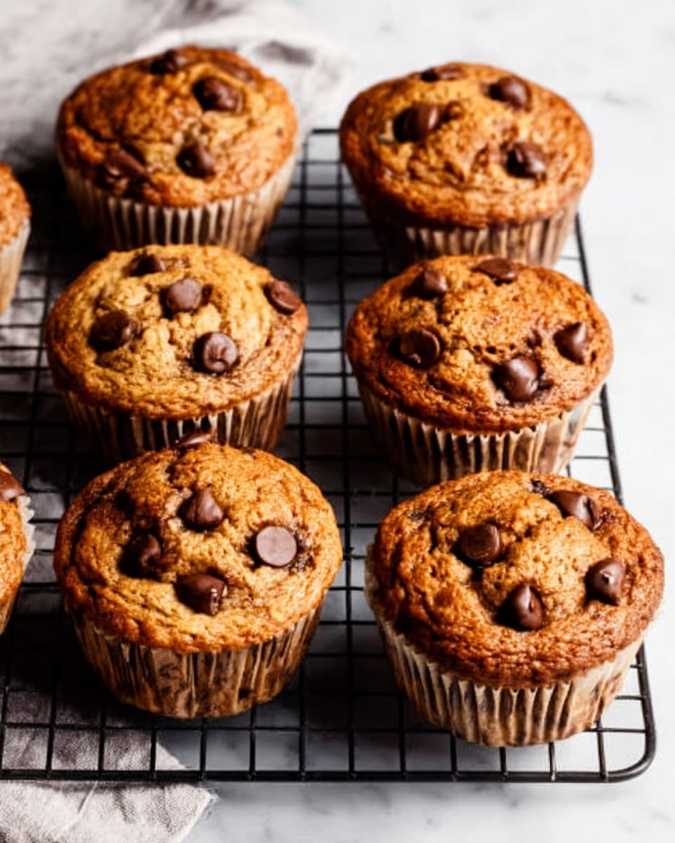 Six golden brown chocolate chip muffins sit on a black cooling rack placed over a white marbled surface. The muffins have a slightly rough texture with shiny dark chocolate chips scattered on top. Each muffin is filled to the top of its white paper liner, showing a bumpy and uneven surface. The arrangement is casual, with some muffins close together and others slightly apart, creating a warm homemade feeling. photo taken with an iphone --ar 4:5 --v 7
