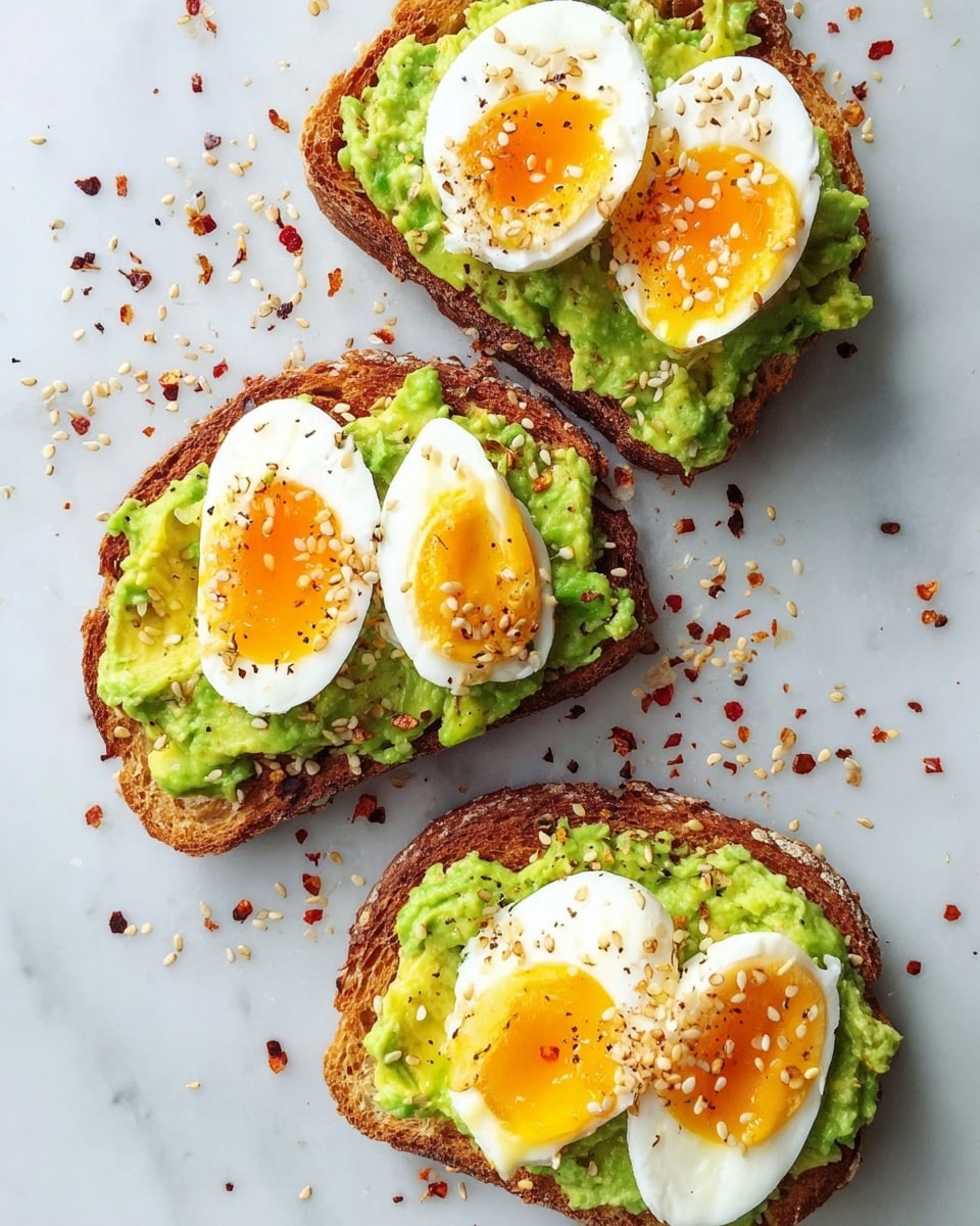 The image shows three pieces of toasted bread with three layers each: the bottom layer is the crispy brown toast, the middle layer is a thick spread of bright green mashed avocado with a slightly chunky texture, and the top layer is slices of boiled egg with firm white edges and soft yellow yolks in the center. The toast pieces are on a white marbled surface, sprinkled with light brown sesame seeds and a dusting of red and black pepper flakes scattered around, adding texture and color contrast. Photo taken with an iphone --ar 4:5 --v 7