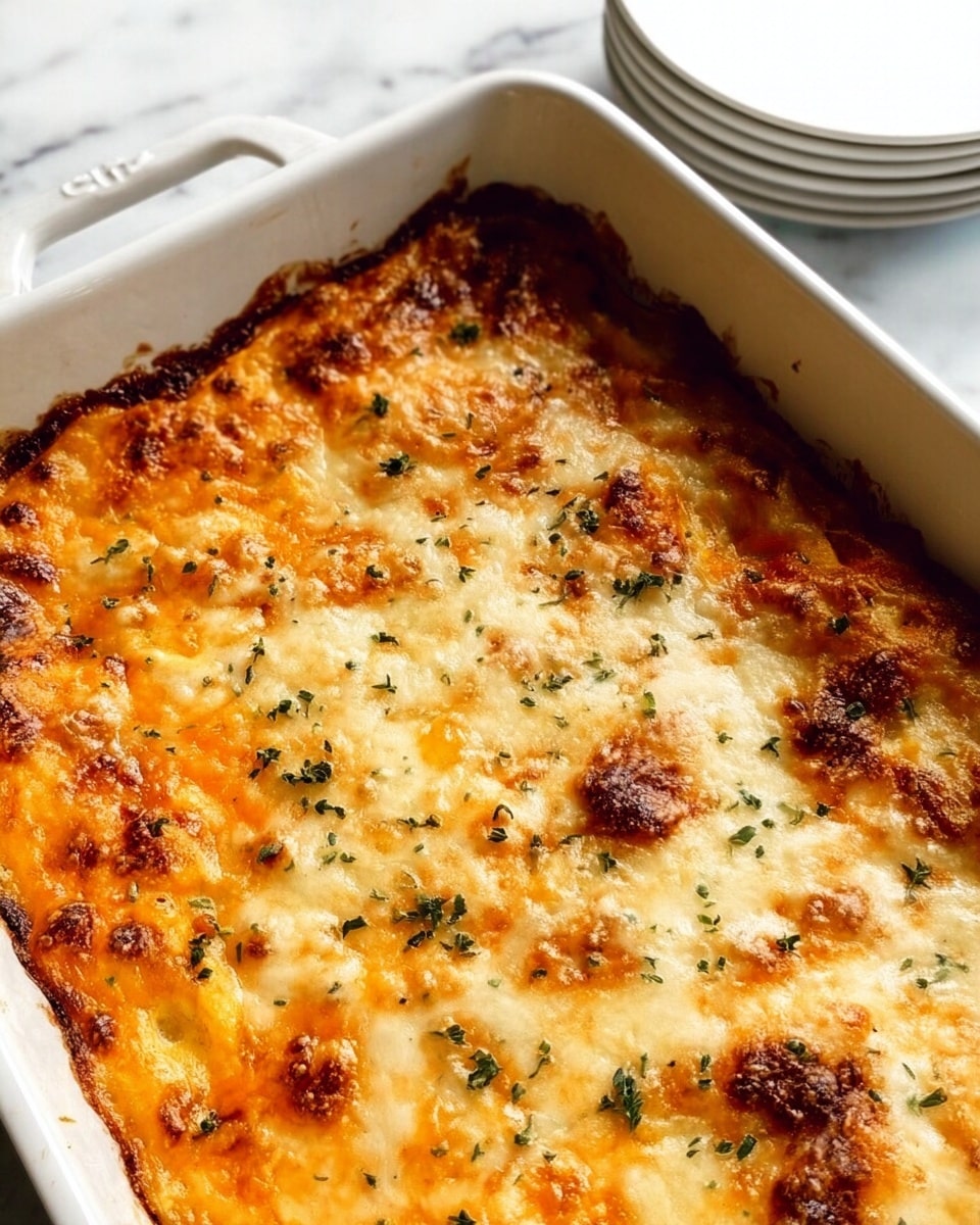 The image shows a white rectangular baking dish filled with a layered casserole. The top is golden brown with melted cheese spots and small green herb pieces scattered on top. The cheese layer has a bubbly texture with some darker crisp edges around the sides of the dish. The dish sits on a white marbled surface, next to a stack of plain white plates. photo taken with an iphone --ar 4:5 --v 7