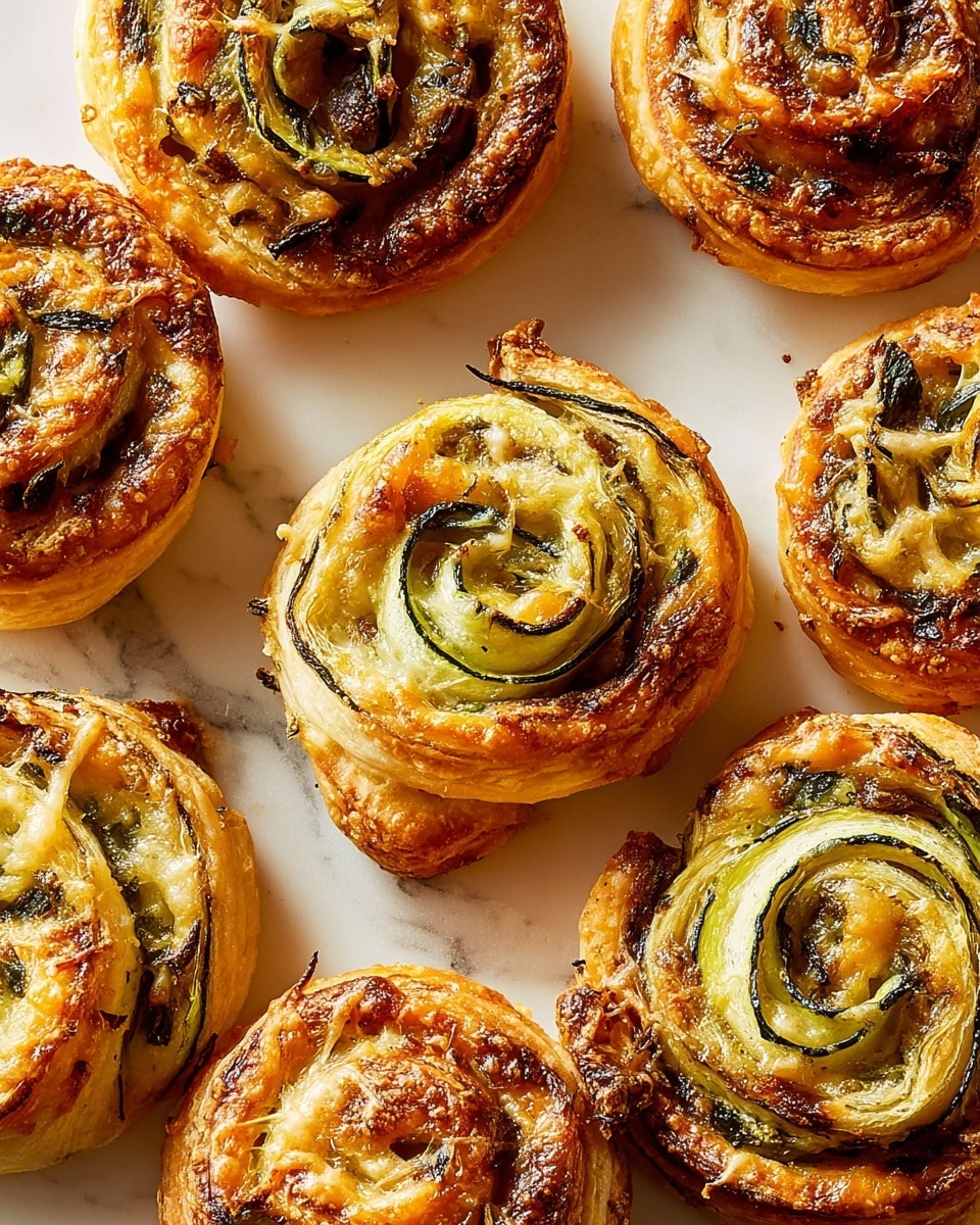The image shows six round pastries on a wooden board. Each pastry has a golden-brown puff pastry base that looks crispy and fluffy. On top, thin green and yellow zucchini slices are arranged in a tight spiral layer, making a colorful swirl pattern. The zucchini slices have a soft texture and are slightly roasted with a light shine. The wooden board adds a warm tone to the picture, and the background is dark, which highlights the pastries. photo taken with an iphone --ar 4:5 --v 7